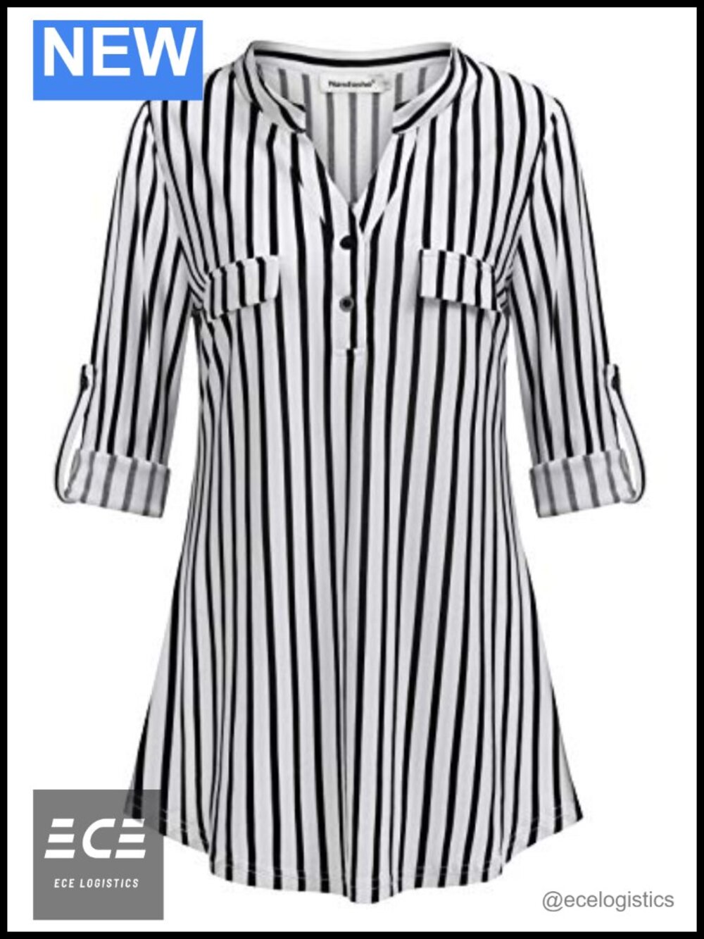 Women's 3/4 Roll Sleeve V Neck Button Down Tunic Blouse Loose Fit